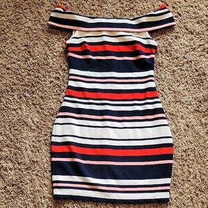 B Darlin Off-Shoulder Striped Mini Dress in Red, Pink, White, and Navy